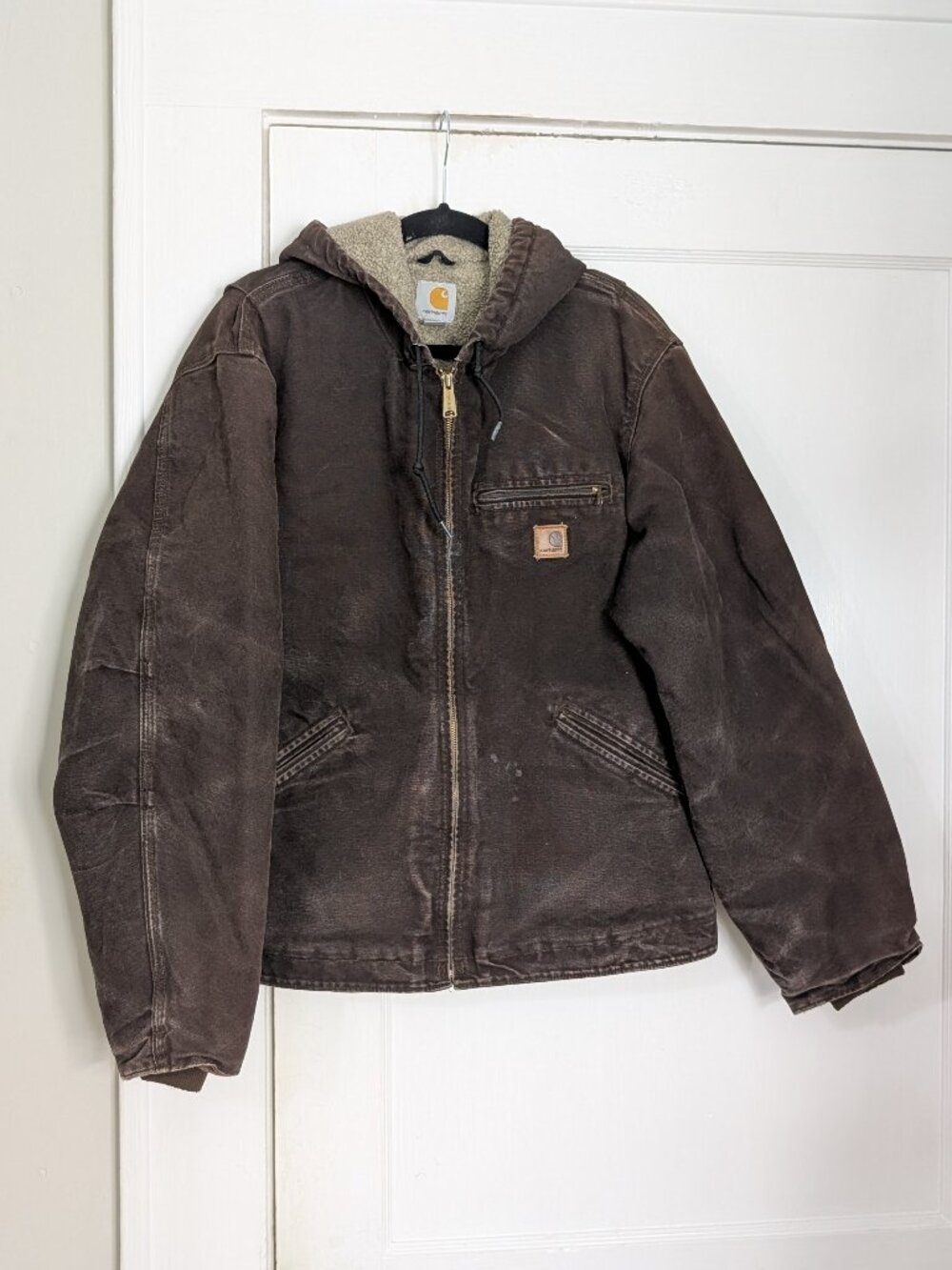 VTG Carhartt J141 DKB Sierra Brown Canvas Sherpa Lined Jacket Hooded Men's Large